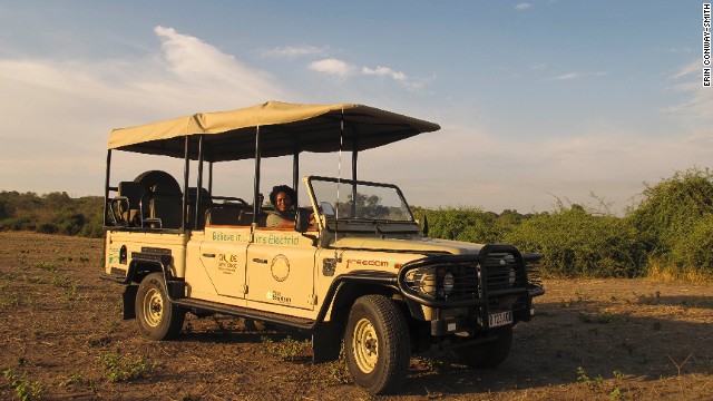 Guide Lebo behind the wheel of Chobe Game Lodge's first electric game viewing vehicle.