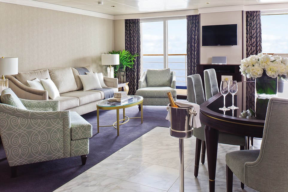 The cheapest rooms cost £35,000, while couples wanting the very best berths will need to fork out £200,000. Pictured is one of the ship's master suites