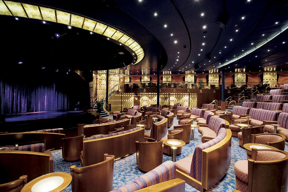The world cruise begins with a one-night, pre-cruise hotel stay and gala dinner featuring entertainment at the historic Biltmore Hotel in Miami. Pictured is the ship's theatre