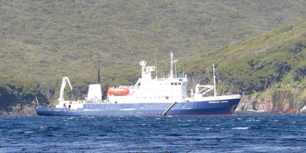 The Spirit of Enderby dwarfed by Chapel Rock, Musgrave Harbour. Photo / Paul Charman