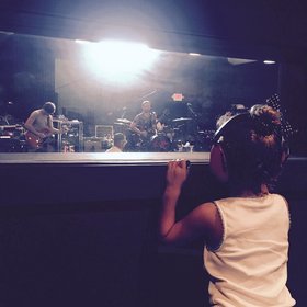 Lily Aldridge in the studio with daughter Dixie and husband Caleb Followill