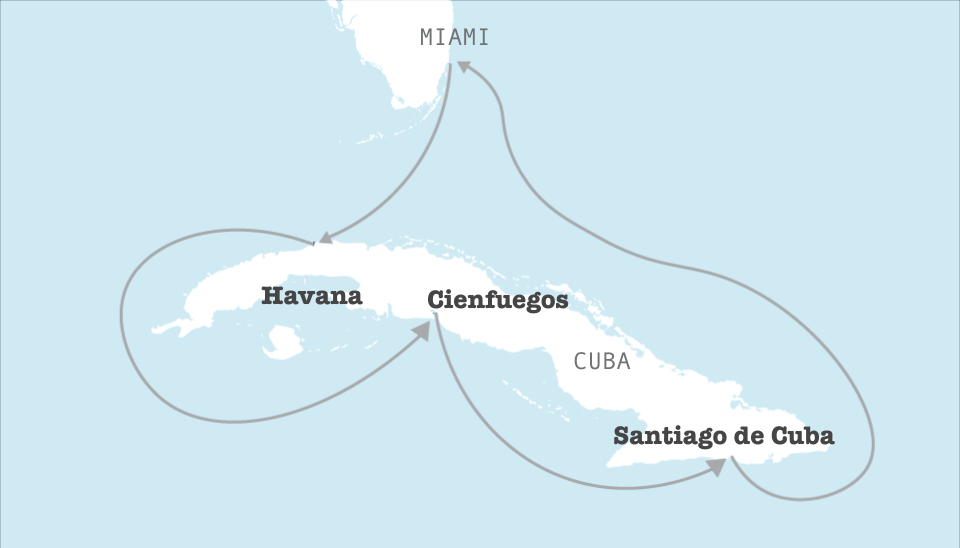 Animation showing the three stops of the Cuba cruise