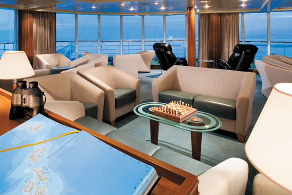 In the Observation Lounge on Silversea’s Silver Whisper, guests can watch as the ship approaches each port of call.