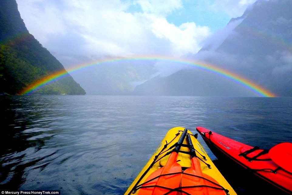 Kayaking Milford Sound, in New Zealand. The adventurous couple travelled to six continents on a budget of less than £50 per day