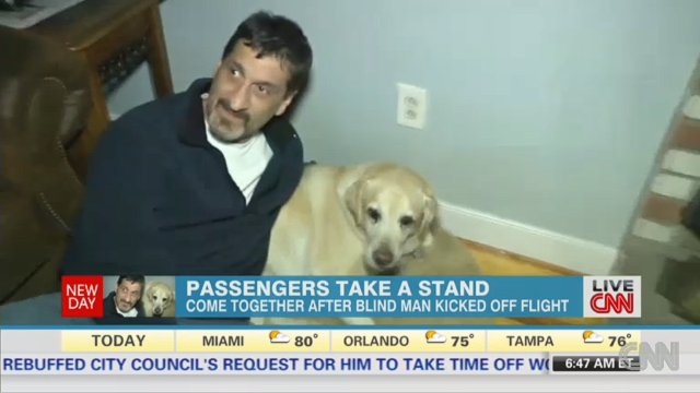 All 35 passengers on a US Airways flight stormed off the plane in solidarity after Albert Rizzi, a blind man, and his dog, Doxy, were escorted off the flight after a heated exchange between Rizzi and a flight attendant about where his dog should sit, according to Rizzi.