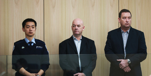 Defendants Stephen Borlase, centre, and Murray Noone, right, pleaded not guilty to all charges related to alleged corruption. Photo / Doug Sherring