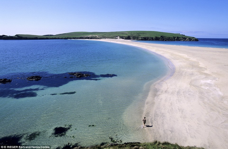 The white sand beach tombolo leading to Saint Ninian Island from Shetland, which is the largest active tombolo in Europe