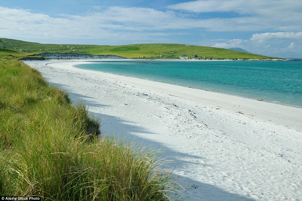 West Beach is a three-mile long white shell sand beach at Beasdaire, Berneray, in the Outer Hebrides