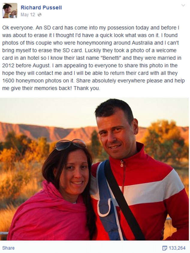 Mr Pussell posted a photo of the pair on Facebook on Tuesday to try and track down the couple to return the photos