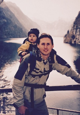 The author's husband, Walter Schleisman, carries their son, Peter, in Austria, where the trio lived for a year.