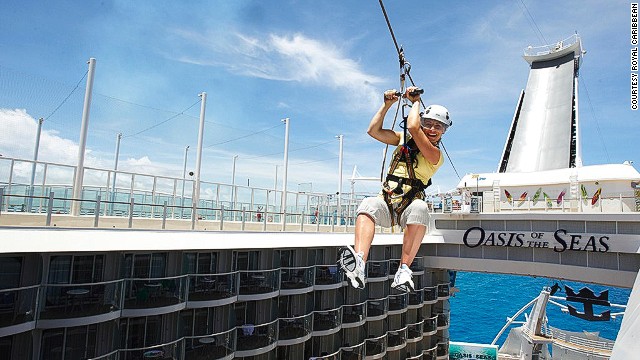 The iOasis of the Seas/i has 25 restaurants, 2,394 crew members and seven themed neighborhoods. Its zip line is suspended nine decks high and runs 82 feet across the ship's open-air atrium. 