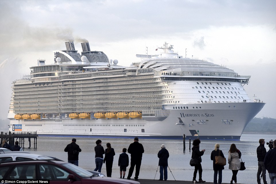 Welcome: A small crowd turned out to wave in the Harmony of the Seas as it sailed into Southampton last week