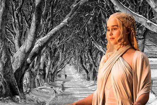 Composite Image: Emilia Clarke as Daenerys in Game of Thrones, with Northern Ireland's Dark Hedges in the background (image - DiscoverNorthernIreland.com).