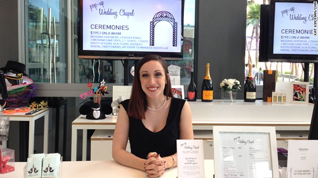 Amanda Kraft, an actress, is an attendant at the Pop-Up Wedding Chapel and performs legally binding weddings and interspecies ceremonies. Non-wedding ceremonies at the Pop-Up Wedding Chapel come with amenities like eraser rings and VIP access to the red-hot Marquee nightclub.