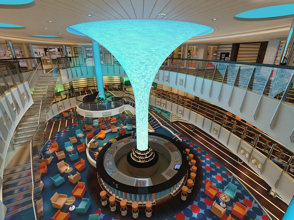 When guests step foot on the ship they will be greeted by a column adorned with LED screens that change colour and provide visual displays