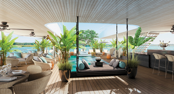 The pool deck on the 34-suite Scenic Spirit, which will ply the Mekong River in 2016