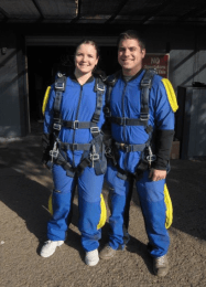 Natalie and Chris suited up and prepared to go skydiving near San Diego. (Dec. 2011)