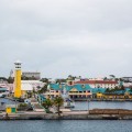 Colorful towers and buildings at the harbor in Nassau in the Bahamas