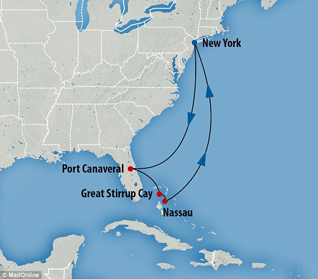 The cruise ship was on a seven-night cruise from New York to Nassau, Bahamas, and back