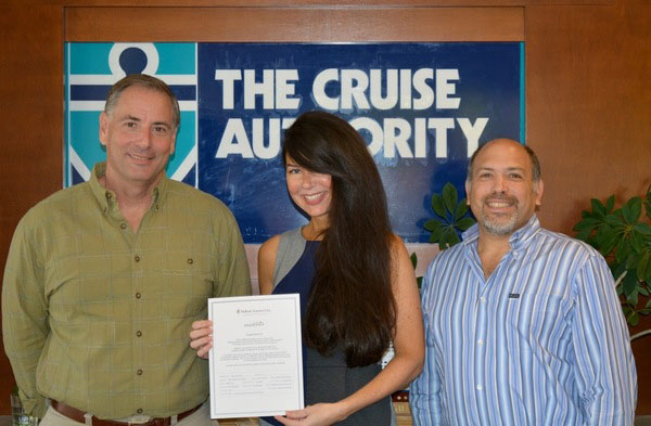 Left to right: Howard Moses, president, The Cruise Authority; Mila Kopcsik; and David Bittner, vice president, The Cruise Authority.