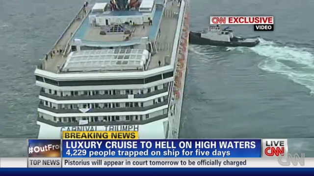 After five days listing in the Gulf of Mexico, the disabled Carnival Triumph cruise ship limped into port. During the ordeal urine and feces streamed down halls and walls after toilet facilities failed, inspiring the scatological two-word epigram for which the trip will always be remembered.