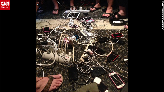 This was one of the discovered only working outlets so people put their power strips together and we made a huge charging station, wrote passenger Kaitlyn Robertson.