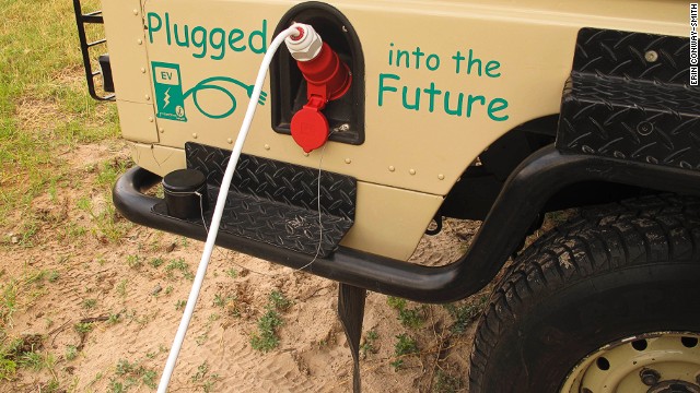 Fueling up the Land Rover, now using electric power from the Victoria Falls hydroelectric grid instead of diesel.