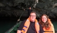 Chris Shepherd and Lindsey Brown boating into the cave to see monkeys in Halong Bay