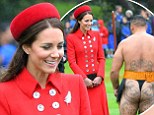 Eyes front, Kate! Giggling Duchess of Cambridge greeted by bare-bottomed traditional Maori dancer and rubs noses with local dignitary at official Government House welcome in New Zealand
