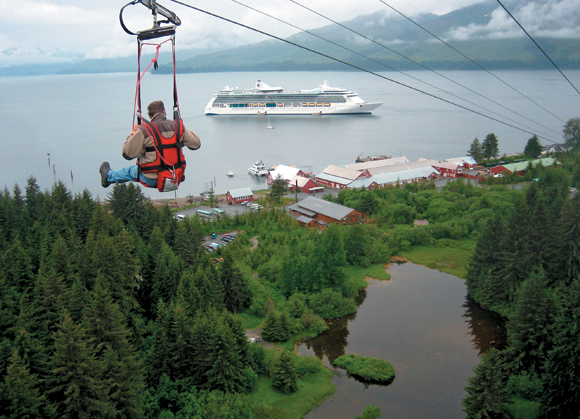 Royal Caribbean International vessels visit Icy Strait Point in Alaska, where zip-line tours are a popular shore activity.