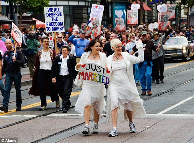 A lesbian couple celebrates same-sex marriage in San Francisco, California