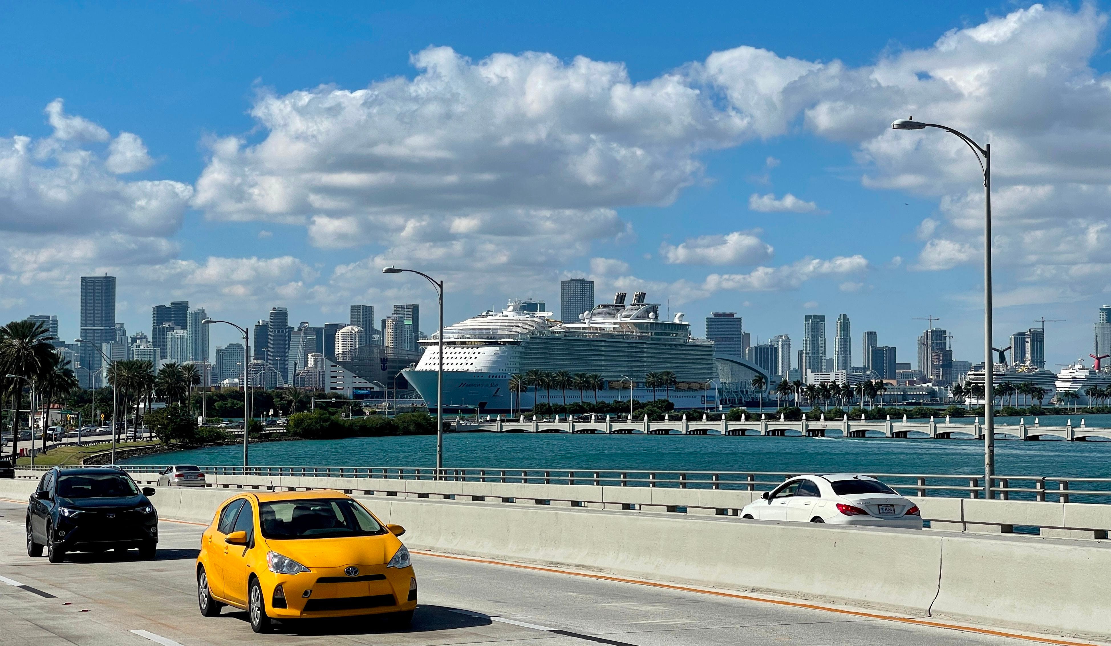 In this file photo taken on December 23, 2020, the cruise ship The Harmony of the Seas part of the Royal Caribbean International fleet, is moored at a quay in the port of Miami, Florida.