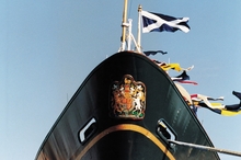 Nowhere on the navy, maroon and gold-painted hull will you find the name Britannia. 