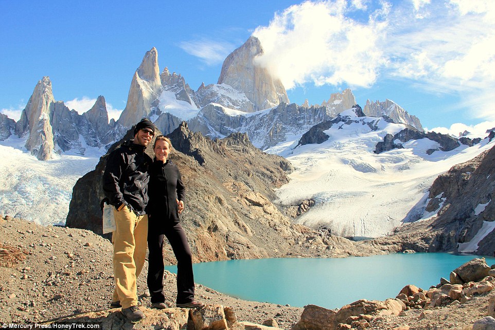 The Howards pose infront of the spectacular scenery of the Fitzroy mountain in the Southern Patagonian Ice Field in Patagonia