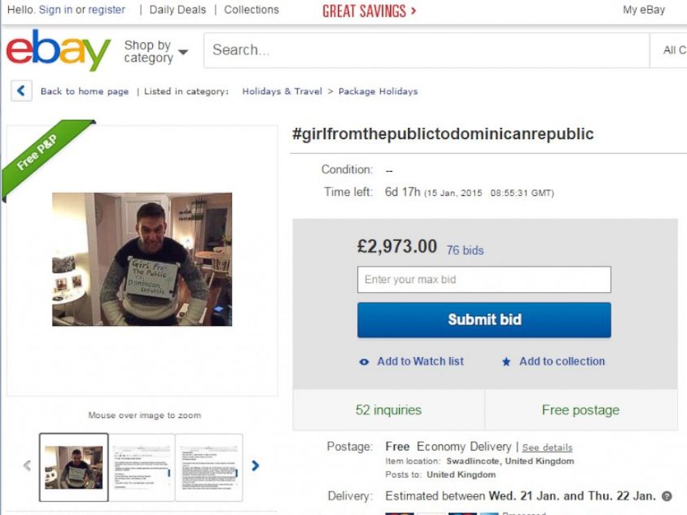 PHOTO: A screenshot shows an eBay page where John C Whitbread is selling his honeymoon travel package to someone after his fiancee dumped him.