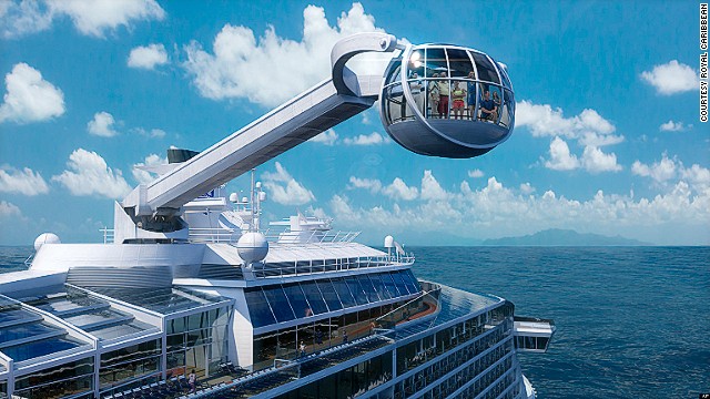 Royal Caribbean's anticipated new ship, iQuantum of the Seas/i, will be unveiled in November 2014. With this glass observation capsule (300 feet above the water), bumper cars and surfwave simulator, it hopes to set a new standard for cruise adventure.