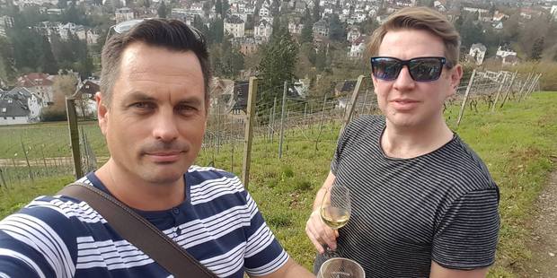 Winston Aldworth and Andrew Potter sample the wine in Wiesbaden. Photo / Winston Aldworth